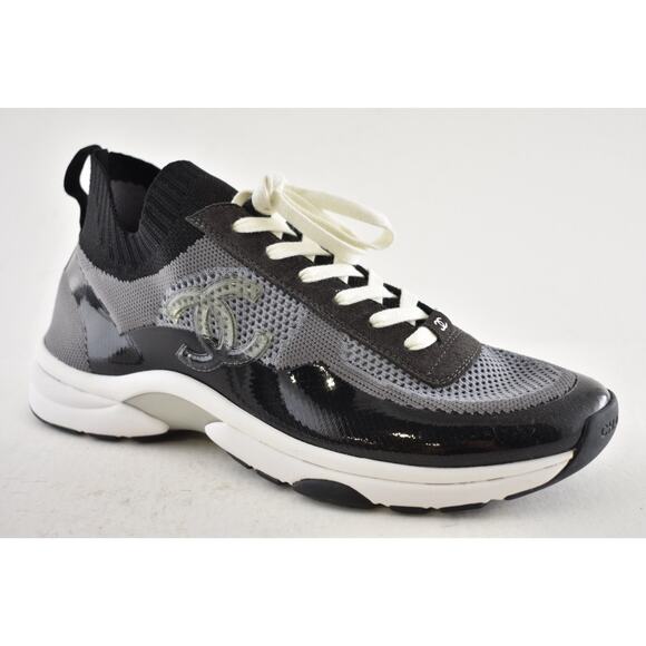 Chanel 22C Men Black White Grey Knit Clear CC Logo Low Top Trainer Sneaker 44 11 - Picture 4 of 13